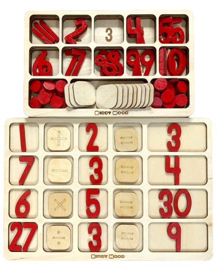 Arithmetic Operations Box with calculations Board (English) - natural wood - non-toxic - handmade صندوق العمليات ولوحة الحسابات: