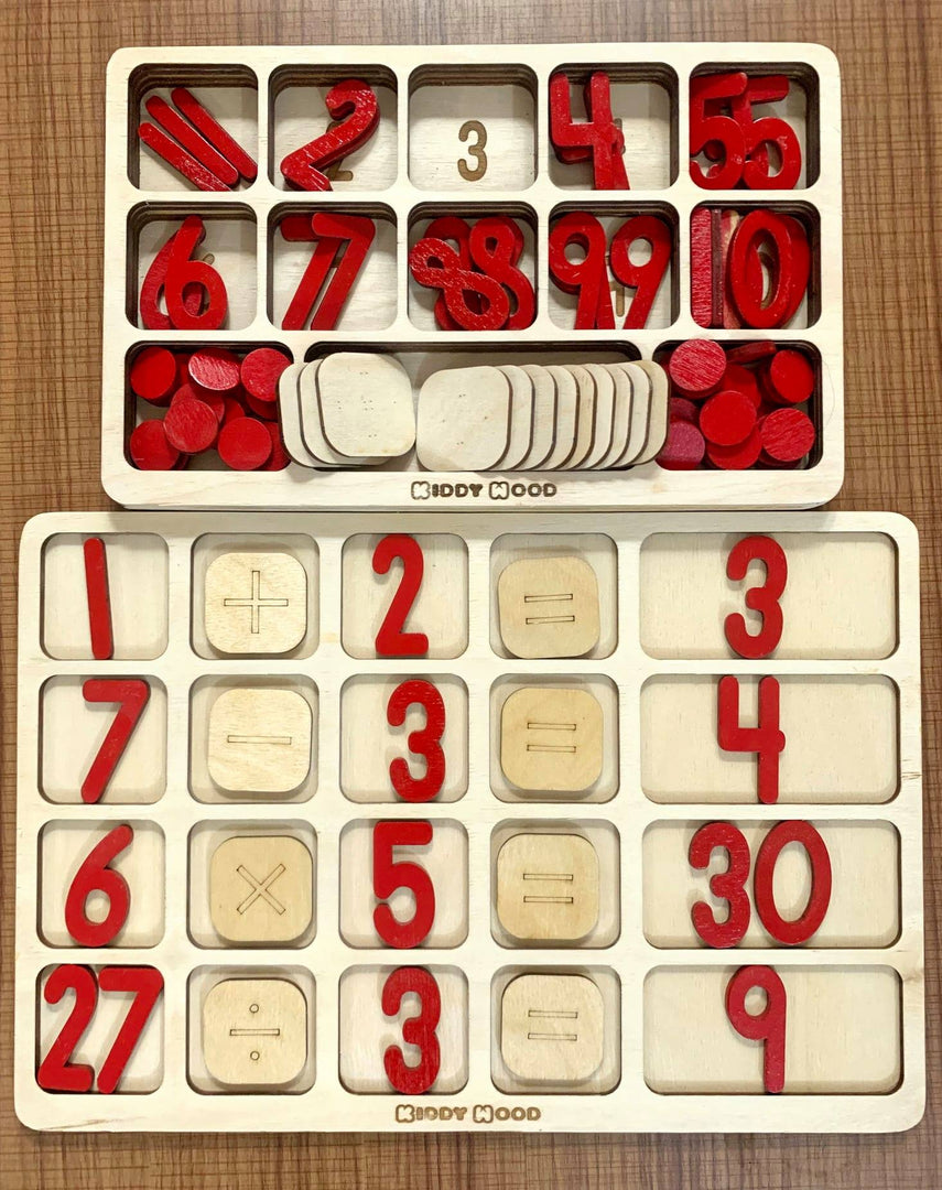 Arithmetic Operations Box with calculations Board (English) - natural wood - non-toxic - handmade صندوق العمليات ولوحة الحسابات:
