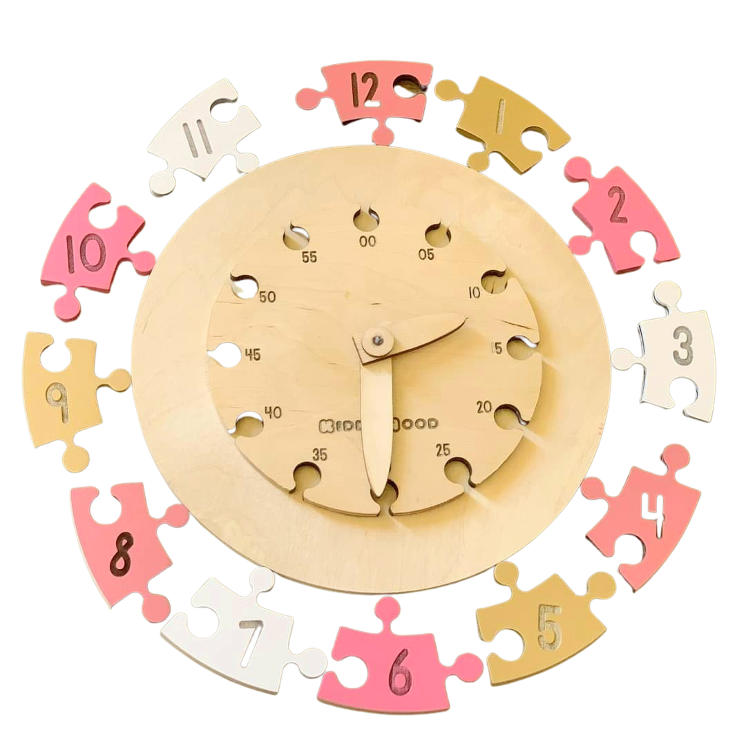 Learning Time Clock - natural wood - ROSE-GOLD -  بازل تعليم الوقت ساعة انجليزي