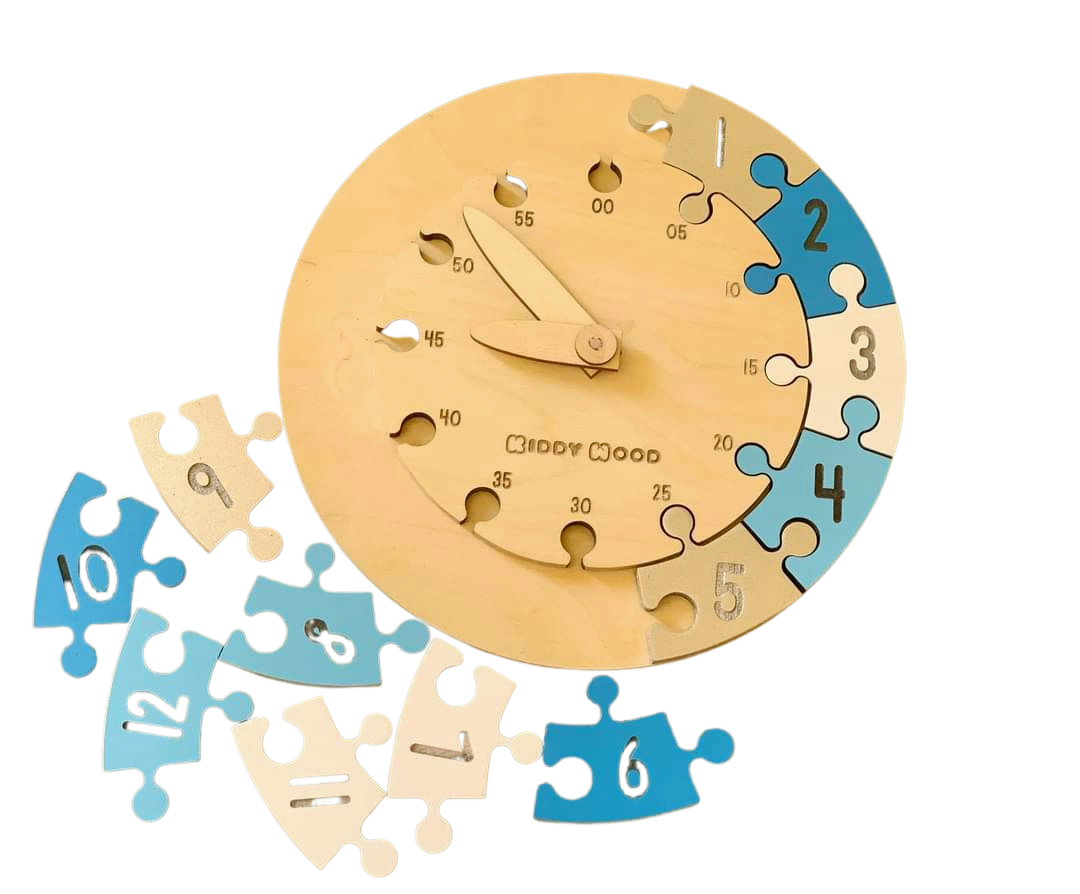 Learning Time Clock - natural wood - SILVER-BLUE -  بازل تعليم الوقت ساعة انجليزي