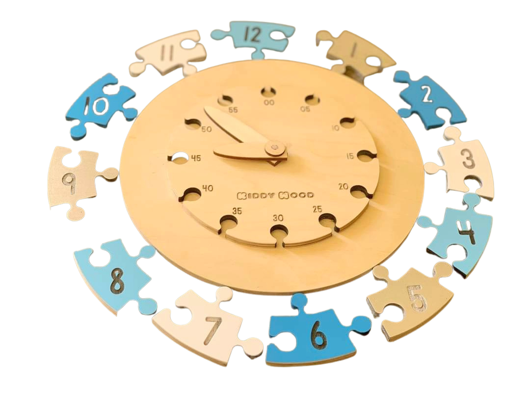 Learning Time Clock - natural wood - SILVER-BLUE -  بازل تعليم الوقت ساعة انجليزي
