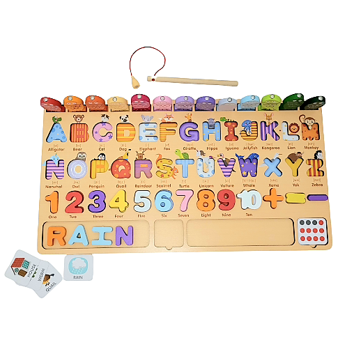 Wooden Spelling Word, Fishing & Number Cognition Matching Toy - لوحة أرقام و حروف مع صيد أسماك و مطابقة كلمات