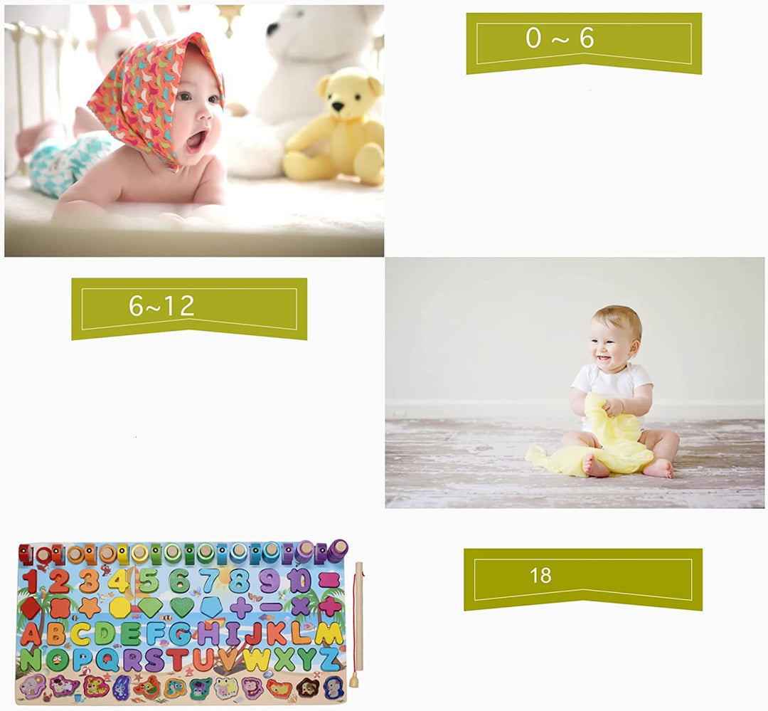 Wooden board of numbers and letters with a counter, puzzle, and fishing - لوحة أرقام و حروف مع عداد و بازل و صيد سمك