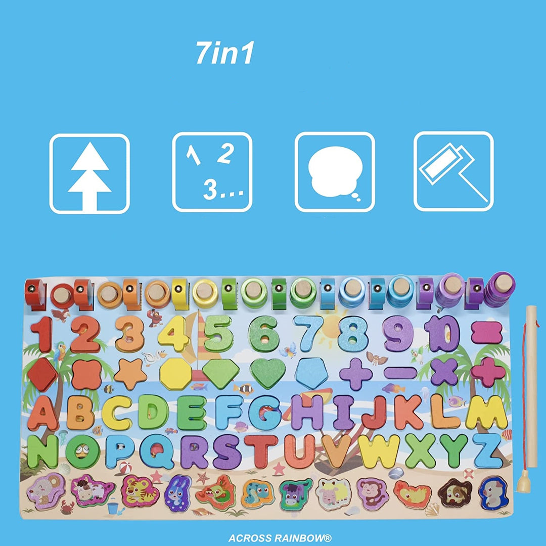 Wooden board of numbers and letters with a counter, puzzle, and fishing - لوحة أرقام و حروف مع عداد و بازل و صيد سمك