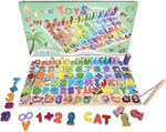 Load image into Gallery viewer, Wooden board of numbers and letters with a counter, puzzle, and fishing - لوحة أرقام و حروف مع عداد و بازل و صيد سمك
