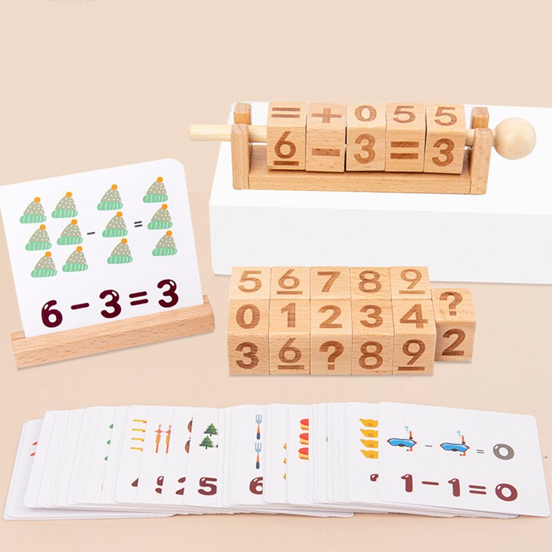 Wooden Spinning number Matching Blocks with Cards - مكعبات خشبية دوارة للعمليات الحسابية مع بطاقات