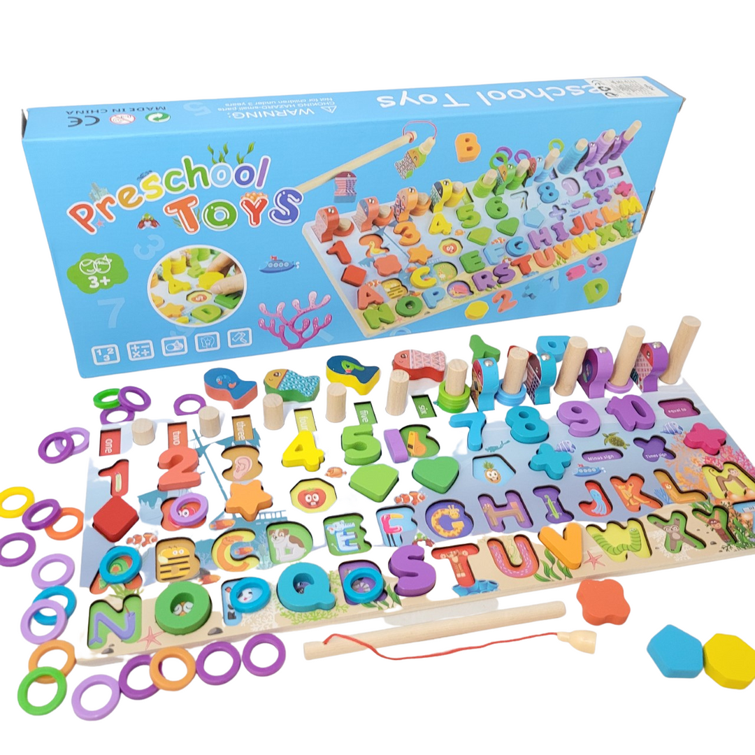 Wooden board of numbers and letters with a counter, and fishing - لوحة أرقام و حروف مع عداد و صيد سمك